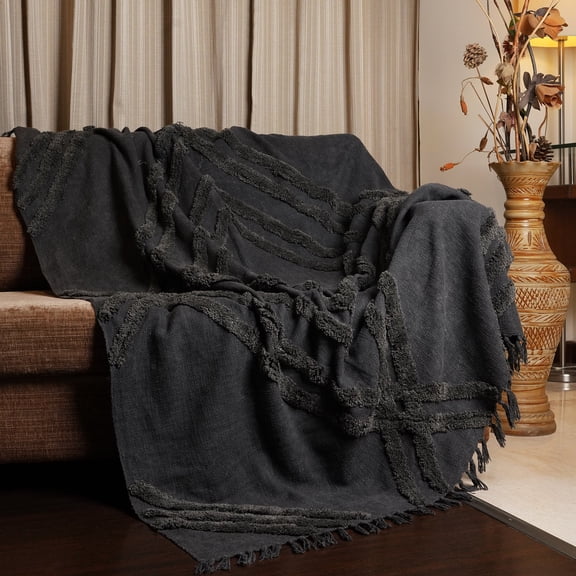 HOMEMONDE Diamond Pattern Boho Throw Blankets Soft & Comfy Sofa Blanket with Fringes - 50" x 70" Inch, Charcoal Gray