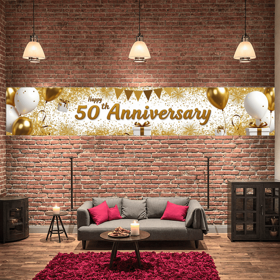 Golden Theme 50th Anniversary Party Decoration Banner Celebration Backdrop for Milestone Event Indoor Party Venue Decoration