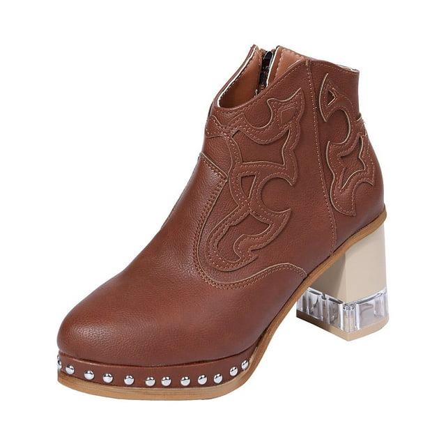 Bottes pour Femmes à Talon Épais Brodé avec Fermeture Éclair Latérale Courtes