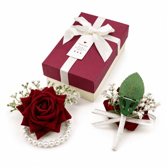 Kabuer Red Rose Wrist Corsage and Matching Boutonniere Set for Wedding Flowers Accessories Wedding Party Prom Suit Decoration