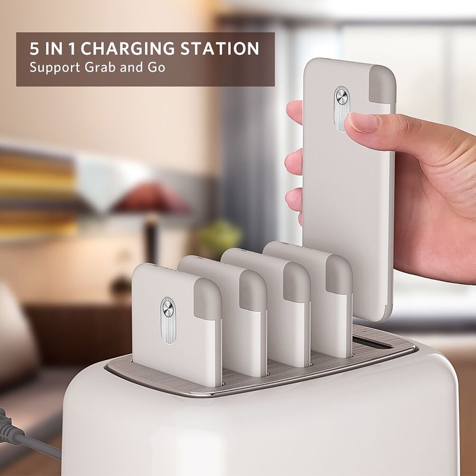 Yoobao Wireless Charging Station with 5PCS Power Bank, 10000mAh Portable Charger with Built in Cable Compatible with iphone/Samsung/Android for Home, Office, Bar, Restaurant (White)