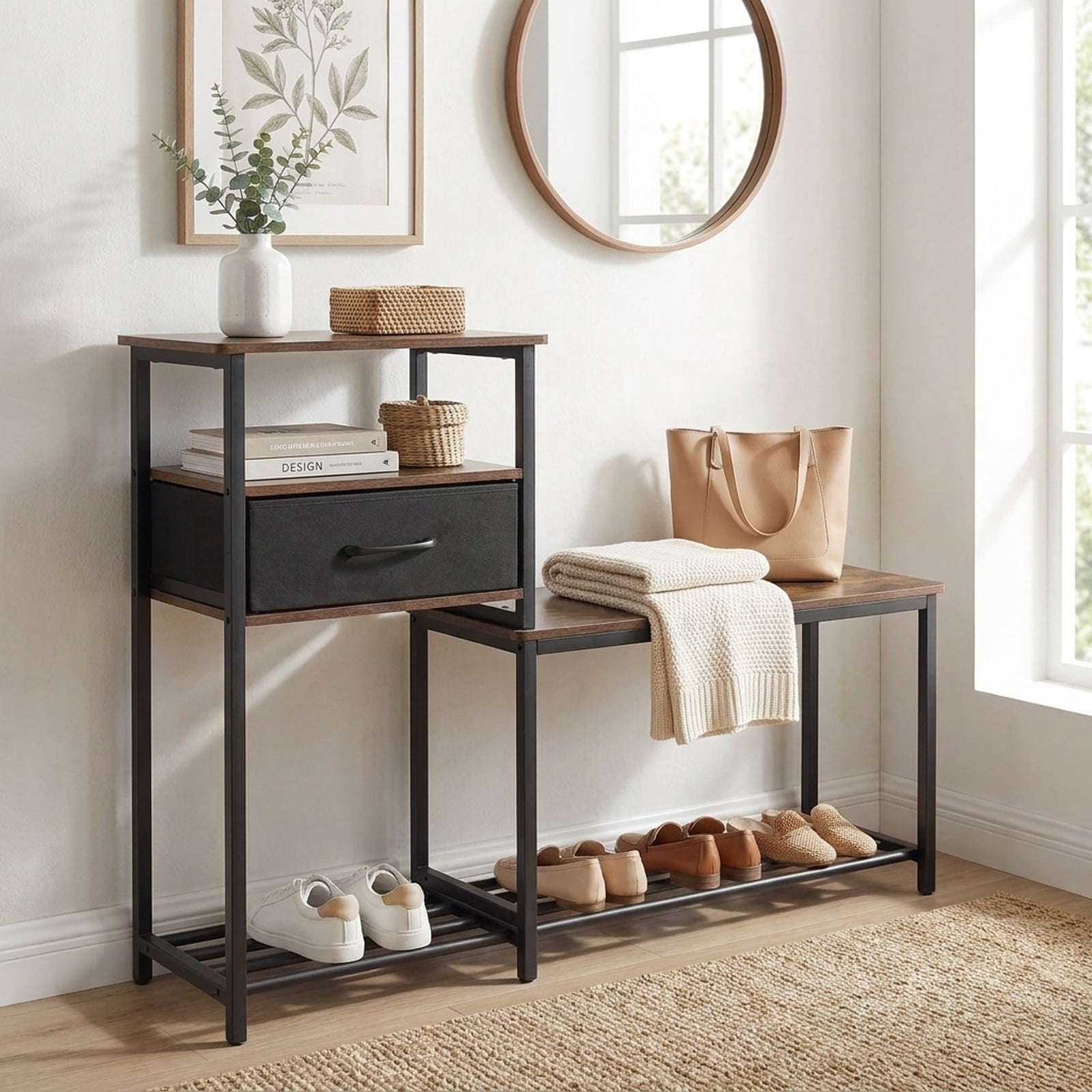 Furnibear 3 Tier Shoe Storage Rack Bench with Fabric Drawer and Metal Frame for Entryway Shoe Bench with Storage, Rustic Brown