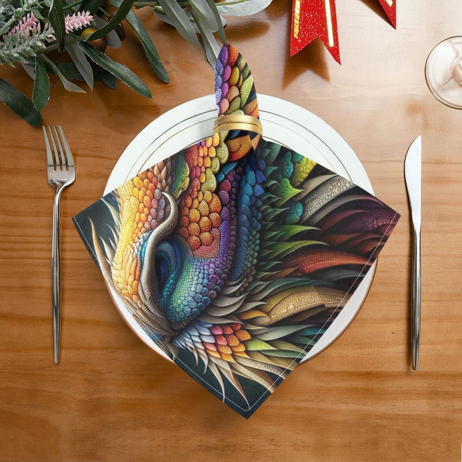 JSTEL Rainbow Dragon Portrait Cloth Napkins Set of 6, 20x20 Inch Washable and Reusable Napkin for Decoupage Dinner Party Everyday Use