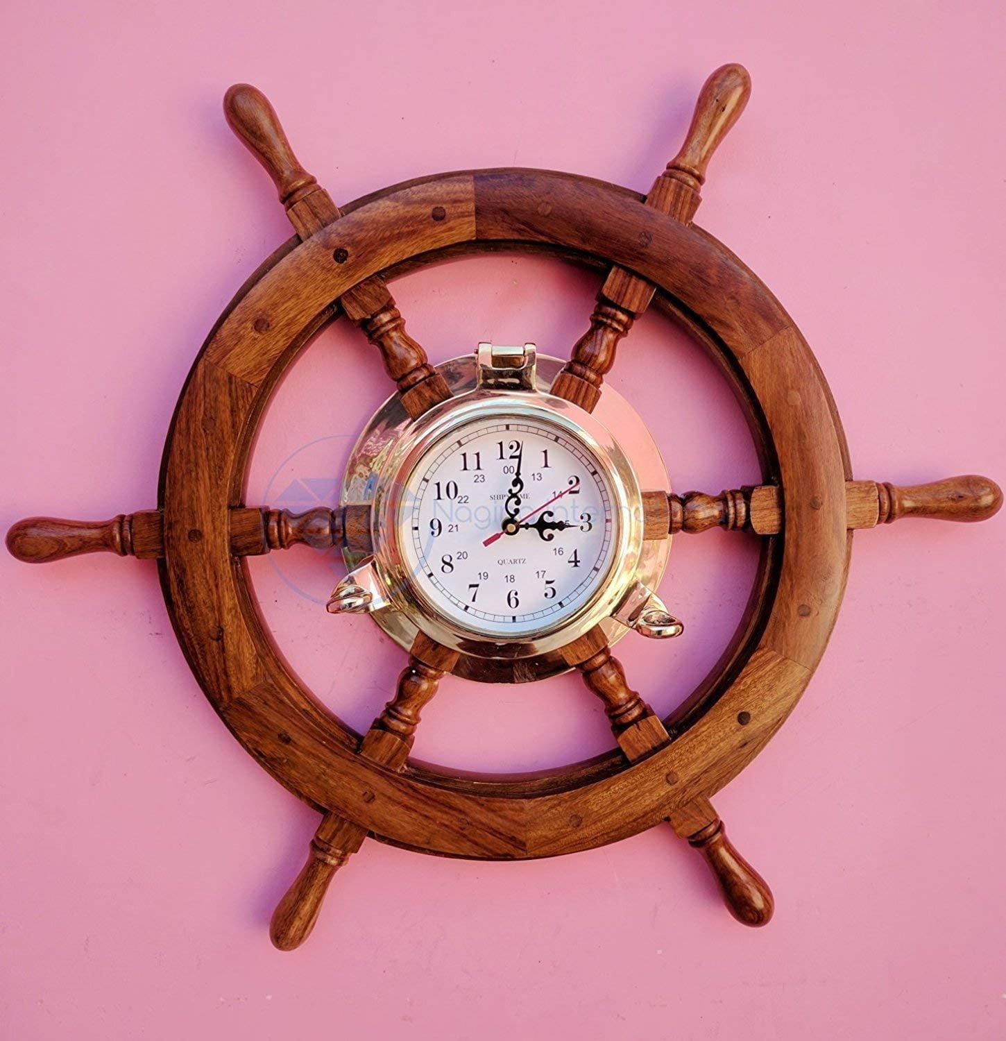Nautical Elegance Telling Time 24Inch Wooden Ship Wheel Clock with Mounted Porthole Jhanjhat