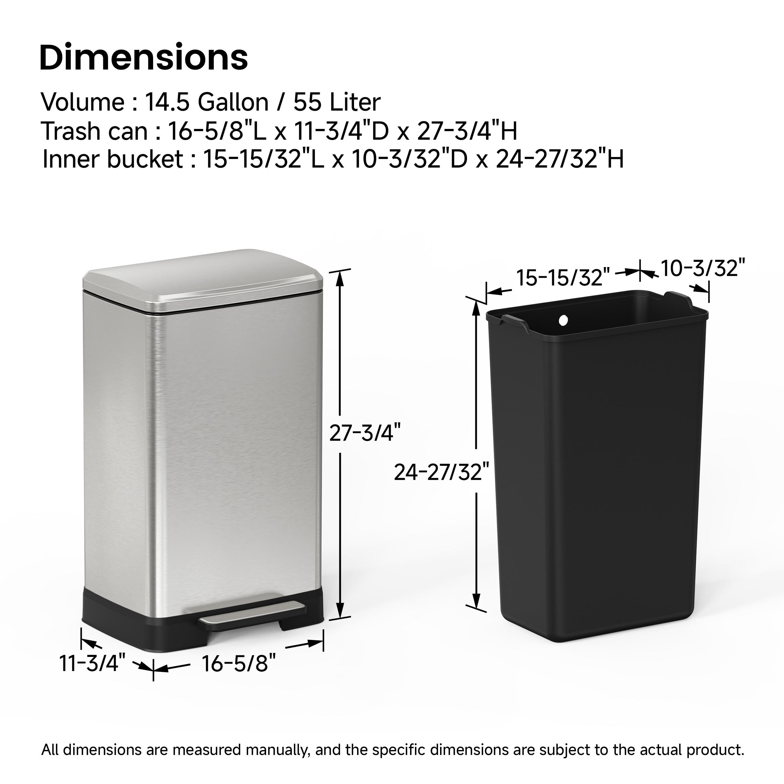 14 Gallons Pedal Trash Can with Soft Close Lid, Removable Inner Bucket & Detachable Wheels, Odor Control Slot for Kitchen Home