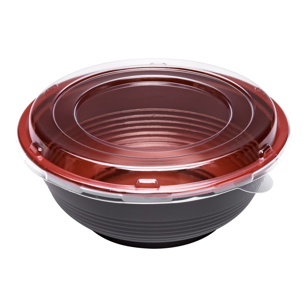 34 oz Round Black and Red Plastic Large Asian Panda Bowl - with Clear Lid,  Microwavable - 7 1/4 x 7 1/4 x 2 3/4 - 200 count box