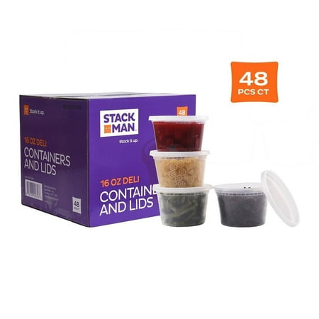 16 Ounce Plastic Lid - Stack Man 48-Pack Plastic Food Storage Containers with Airtight Lids - Restaurant Deli Cups, Foodsavers, Baby, Bento Lunch Box, 21 Day Fix, Portion Control, and Meal Prep Containers (16 Ounce)