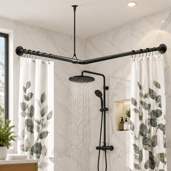 Black L-Shaped Adjustable Corner Shower Curtain Rod, 39''-69' X 55''-85''