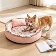 thumbnail image 4 of romoty All Season Round Pet Bed, Pink Medium 20 Inch Soft Floral Ruffled Plush Kitty Cushion Warm Dog Bed for Cats Small Dogs, 4 of 6