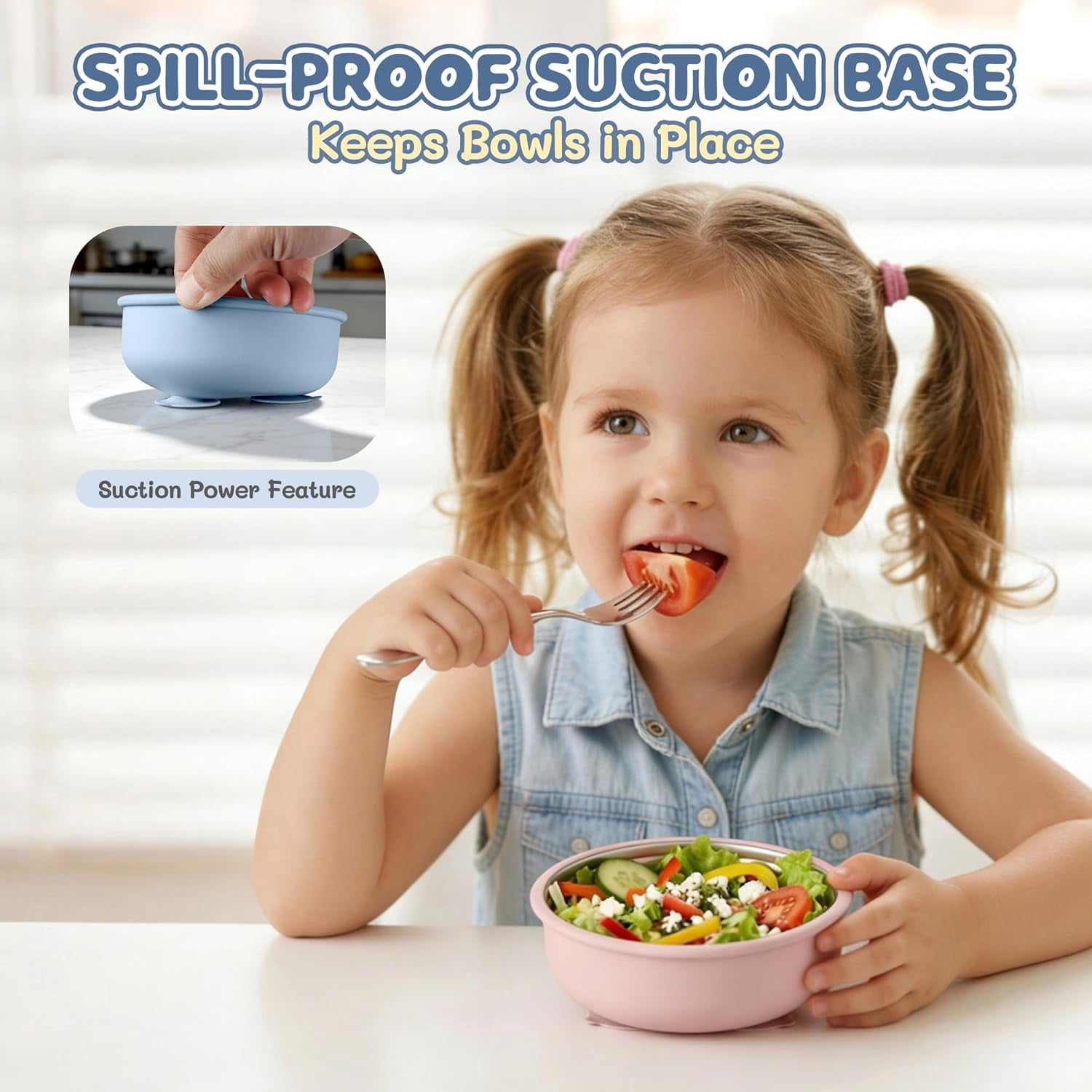 Stainlss Stl Toddlr Bowls and Plats with Suction Bundl, 4-Pack 9" Kids Plats and 4-Pack 5" Baby Bowls, Non-Slip & Unbrakabl, Dishwashr Saf