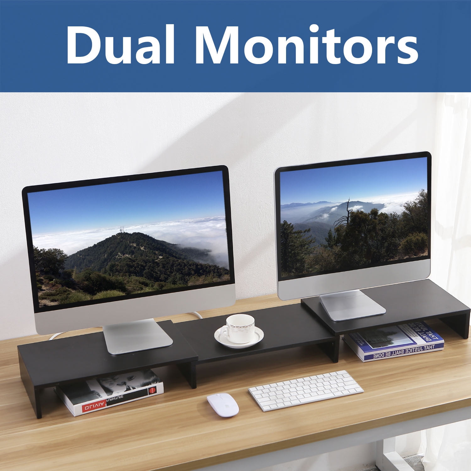 TAVR Furniture Dual Monitor Stand Riser Extra Long 43.3" Fit for 2 Monitors, Adjustable Length with Swivel Angle & 3 Shelves, Wood, Black