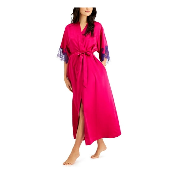 INC Intimates Pink Satin Contrast Eyelash Lace Trim 3/4 Sleeves Robe S
