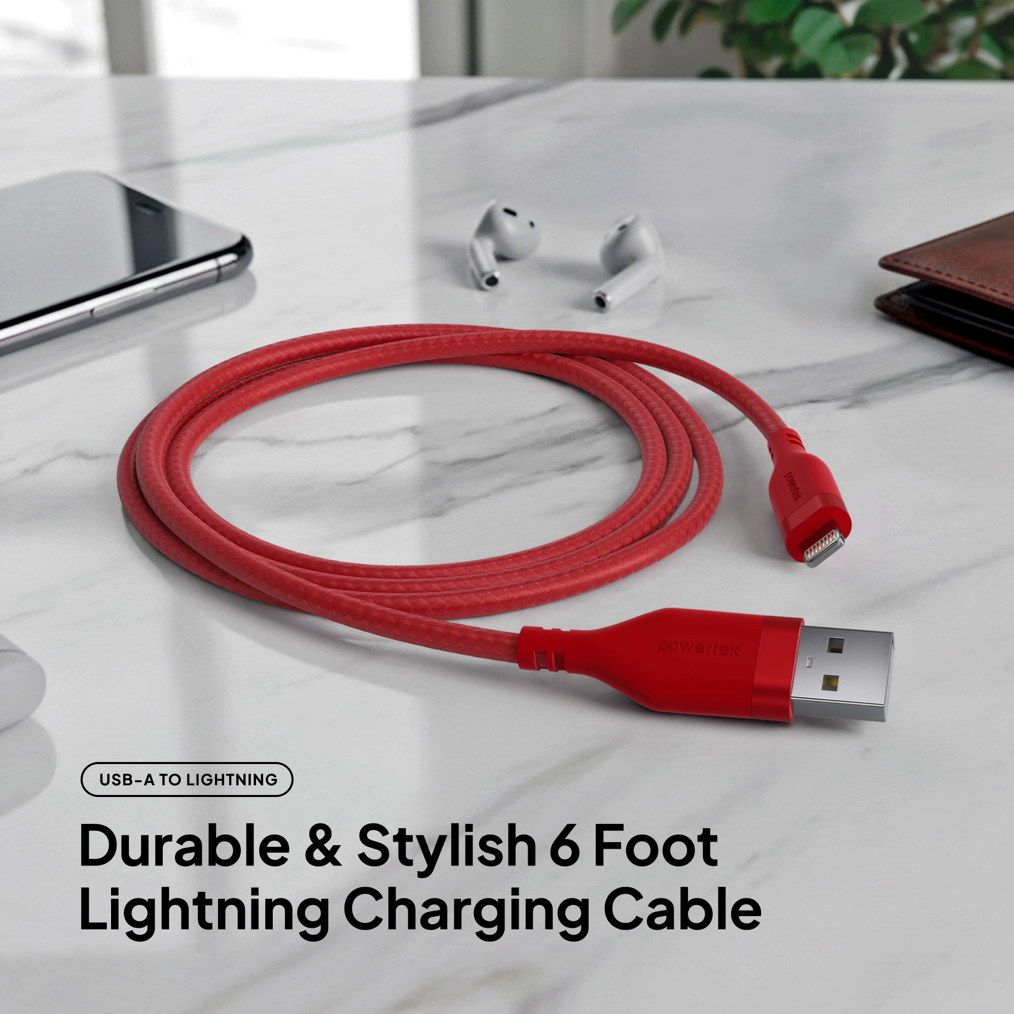 Powertek MFi Certified USB-A to Lightning Charging Cable, Carbon Design Texture, 6 ft, Red