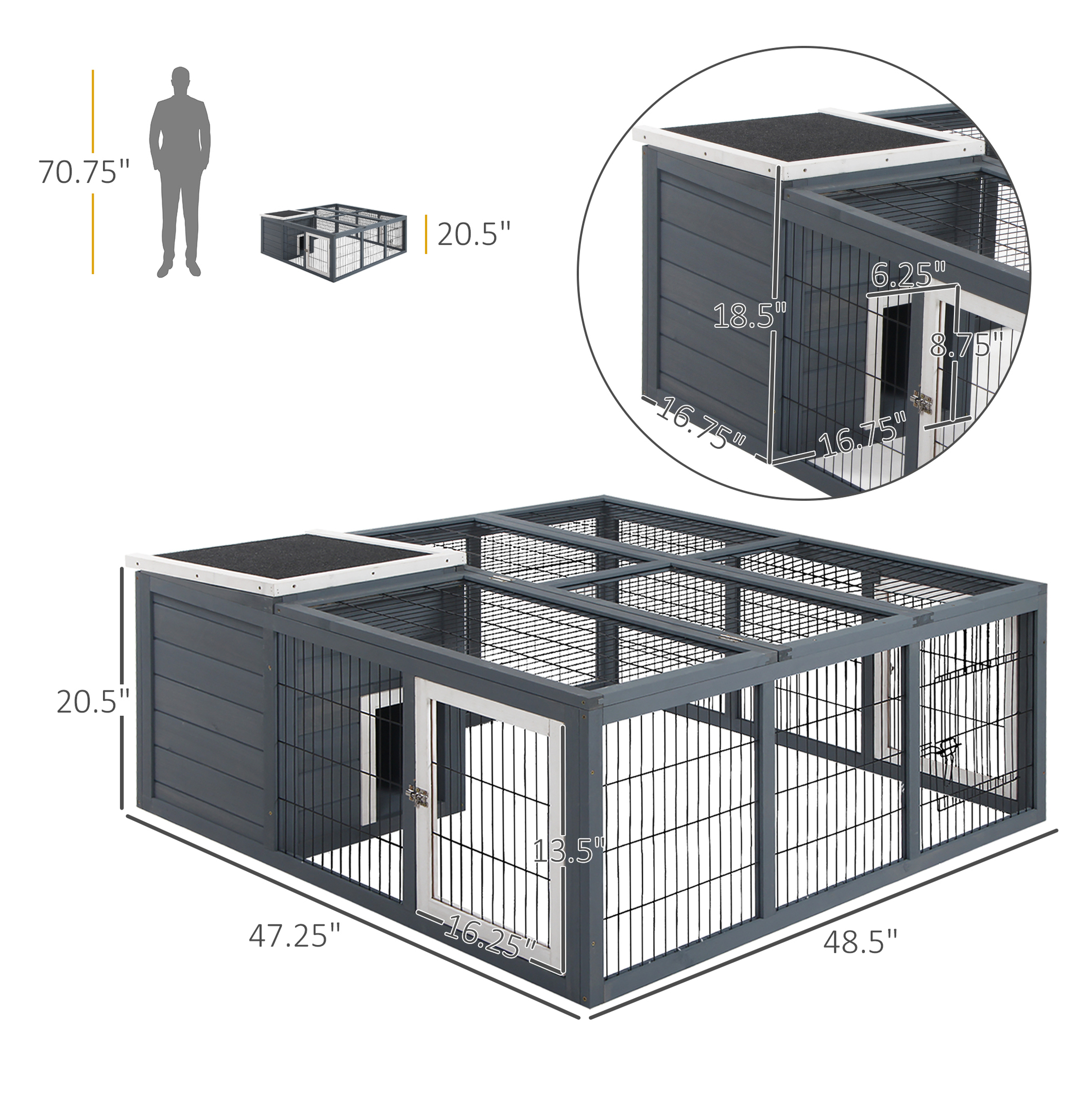 Rabbit Hutch Bunny Cage - Indoor Outdoor Waterproof Wood Rabbit House, Guinea Pig Cage with Ventilation, Small Animal Habitat - Gray