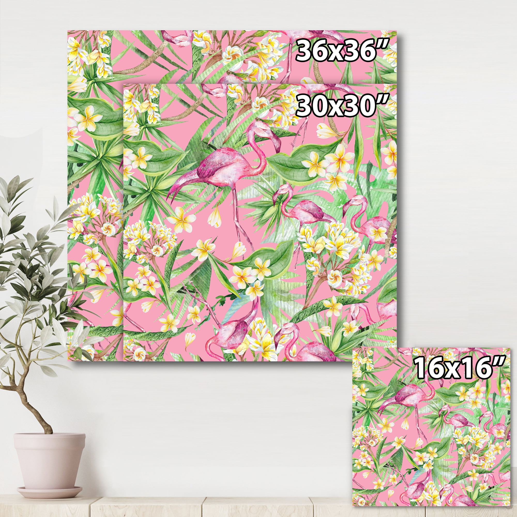 Yellow Flowers, Tropical Foliage With Flamingo III 30 in x 30 in Painting Canvas Art Print, by Designart