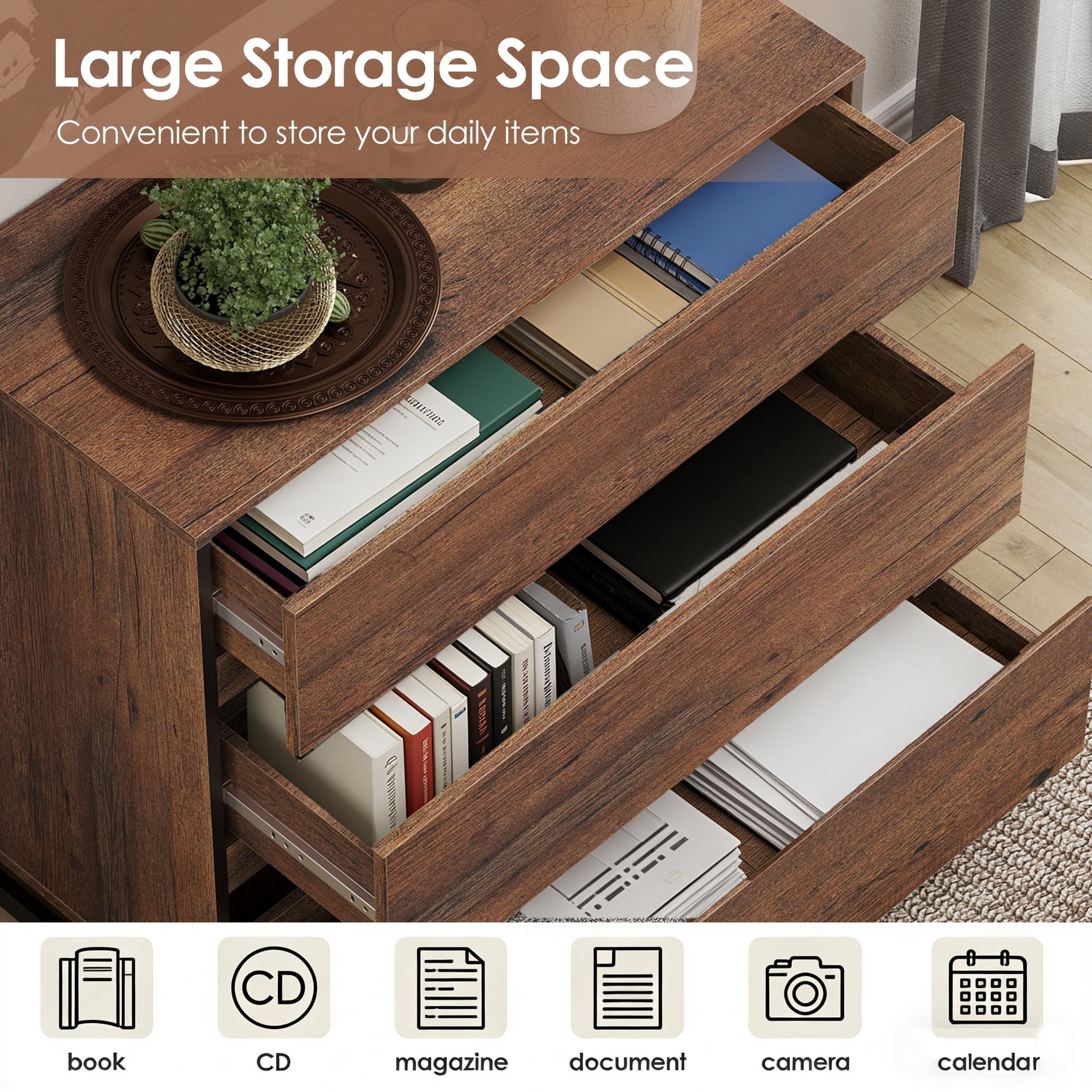 WAMPAT 3-Piece Modern 72" Tall Library Bookcase with 3 Drawers & Open Shelving,Freestanding Wood Bookshelf with Storage Cabinet & Adjustable Shelves for Home Office & Living Room, Brown