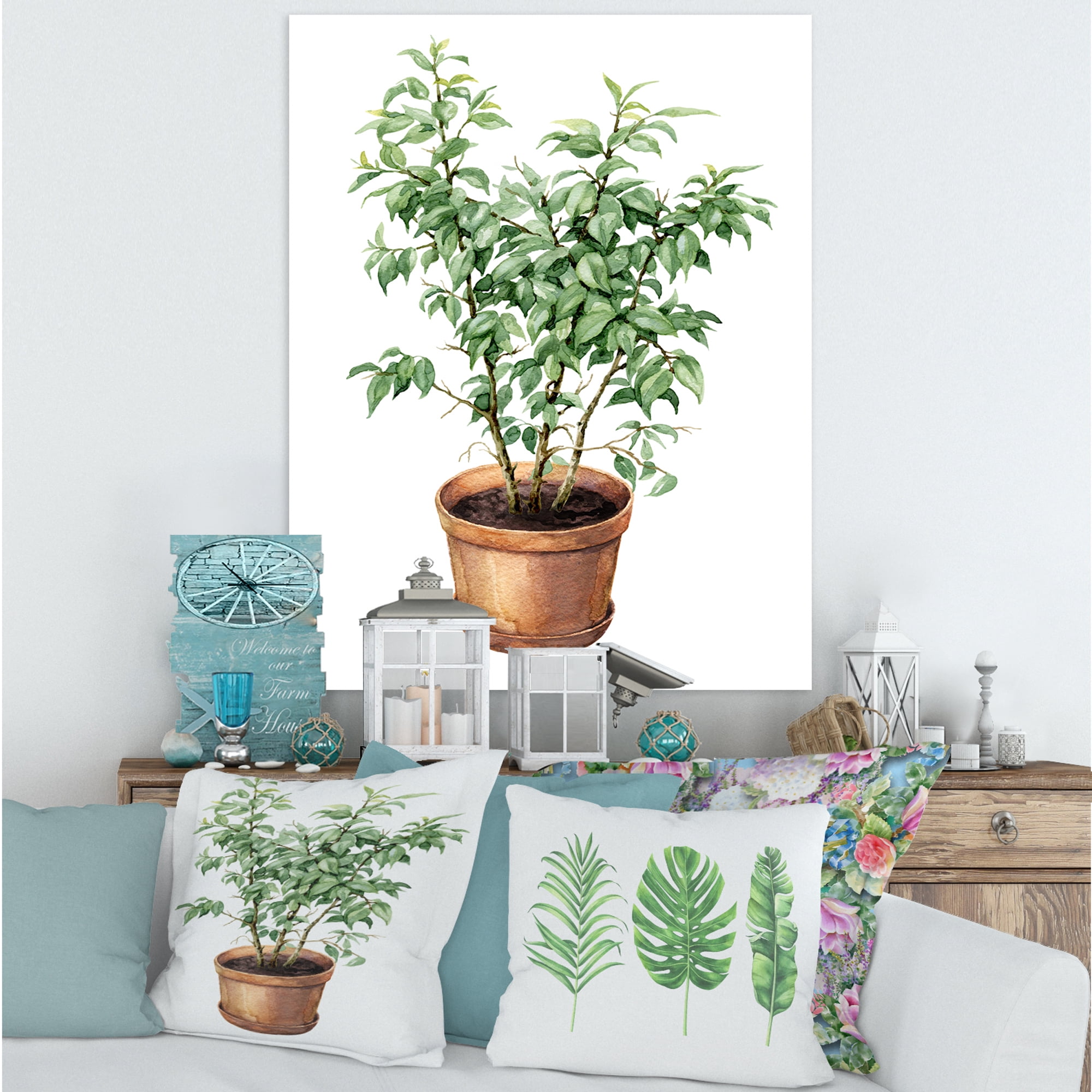 Designart ' Ficus Benjamina Plant In Clay Flowerpot ' Traditional Canvas Wall Art Print
