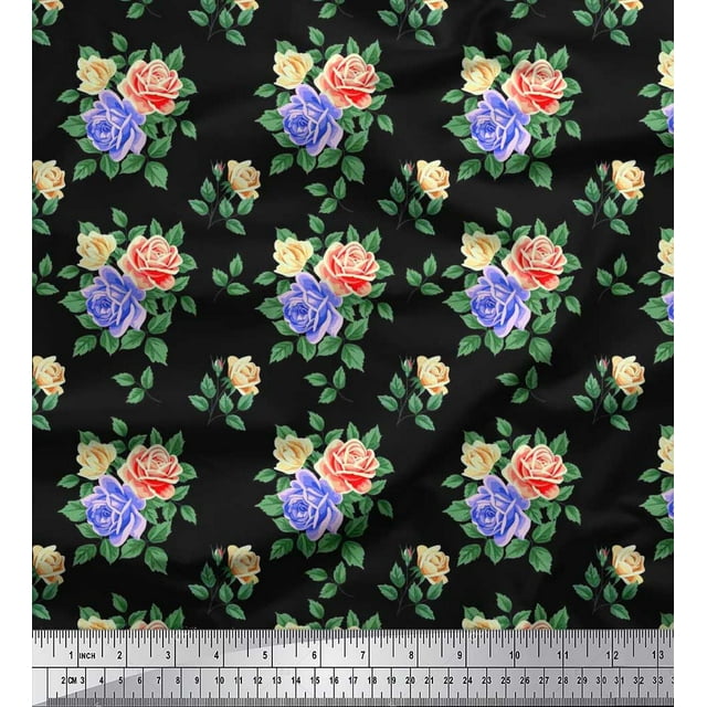 Soimoi Rayon Fabric Leaves, & Rose Floral Print Sewing Fabric Yard 56 Inch Wide