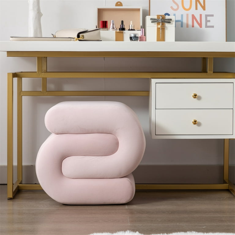 Modern Velvet Foot Stool Ottoman, S-Shaped Ottoman Footstool Vanity Stool,  Upholstered Makeup Chair Under Desk for Living Room, Bedroom, Entryway,  Children's Room and Office, No Assembly, Light Pink 