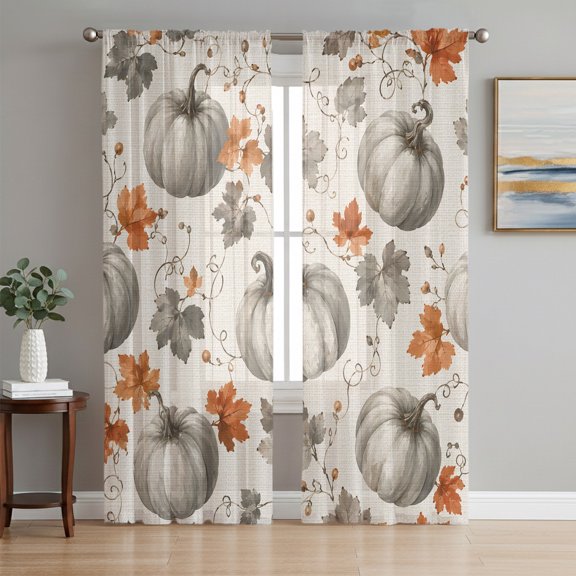 Gray Pumpkins Fall Sheer Curtains 84 Inch Length 2 Panels Set, Thanksg Maple Leaves Rustic Voile Window Treatment Rod Pocket Curtains Sheers Drapes for Bedroom/Living Room/Kitchen 52"x84"x2