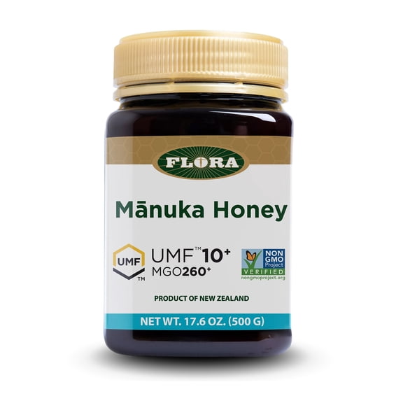 Flora - Mānuka Honey MGO 250+/10+ UMF, New Zealand Honey, 100% Traceable MGO,Natural Healing, Sore Throat Relief, Aids Digestion, 17.6-oz. Jar