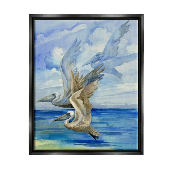 Stupell Industries Pelicans Trio Over Ocean Shore Painting Jet Black Floating Framed Canvas Print Wall Art, Design by Paul Brent