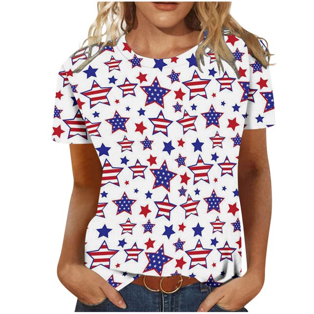Jgppe T-Shirt Jour de l'Indépendance pour Femmes Confortable Manches Courtes Imprimé Extensible Col Rond T-Shirts d'Été Blouses