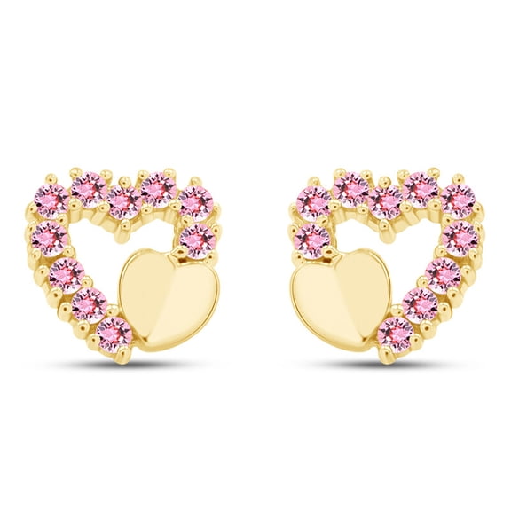 Sparkle Jewels Pink Round CZ Heart Screw Back Infants Earrings 8mm 14K Yellow Gold Plated