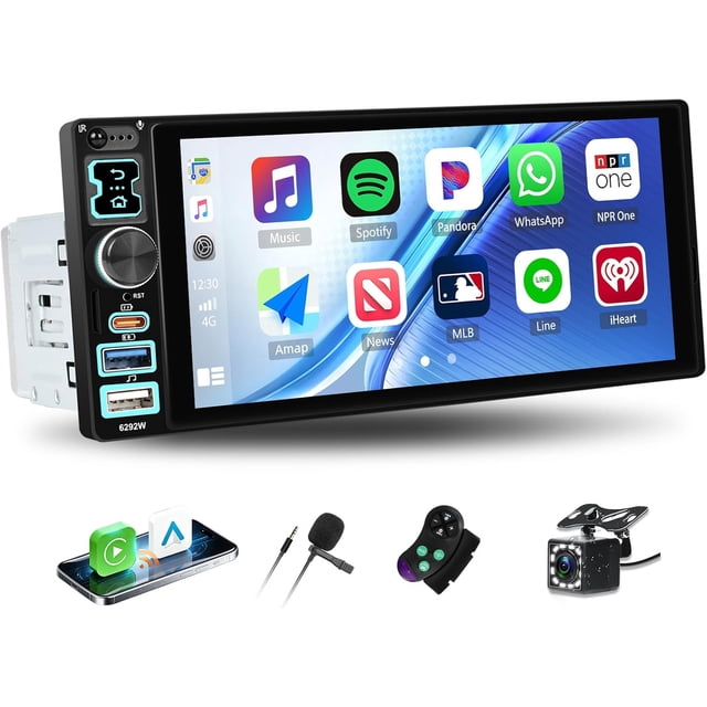 Stéréo de Voiture à un Din avec Carplay&Android Auto, Radio de Voiture à Écran Tactile 6,8 Pouces 1 Din avec Bluetooth FM Radio Miroir pour iOS/Android USB/Type C SWC Lecteur Multimédia+caméra de Recul