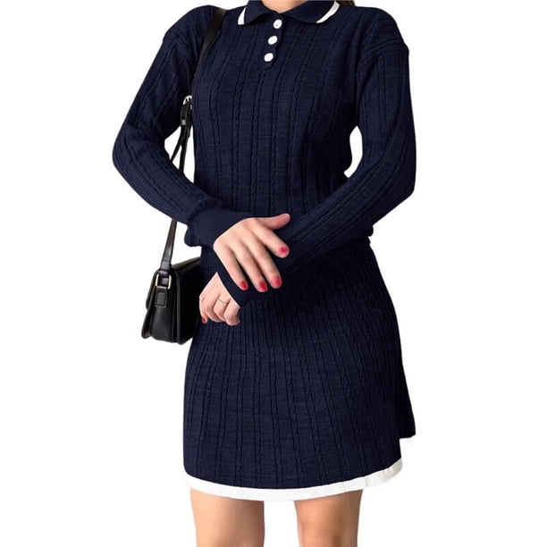 Conjunto de 2 Piezas Vintage con Cuello Tipo , Larga, Falda Corta y Cintura Alta para Mujer Azul Marino M