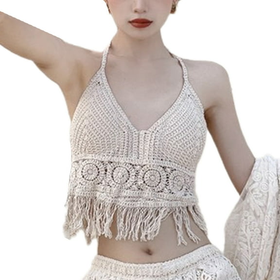 Women Halter Bikini Bra Crochet Tassels Camisole Sexy Backless Beach Bralette