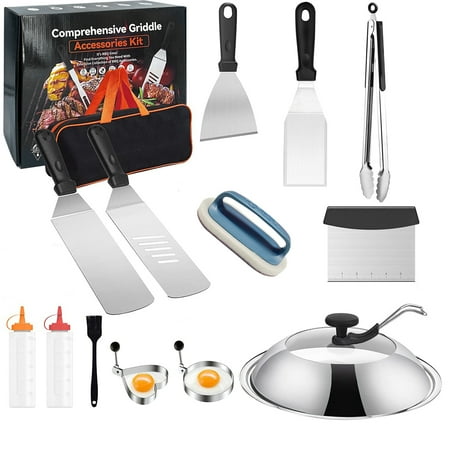 BBQ Set Griddle Accessories Kit  14Pcs Stainless Steel Grilling Tool Kit for Blackstone Outdoor Grill  BBQ Tool Set with Basting Cover  Chopper  Spatula  Scraper  Bottle  Tongs  Egg Ring