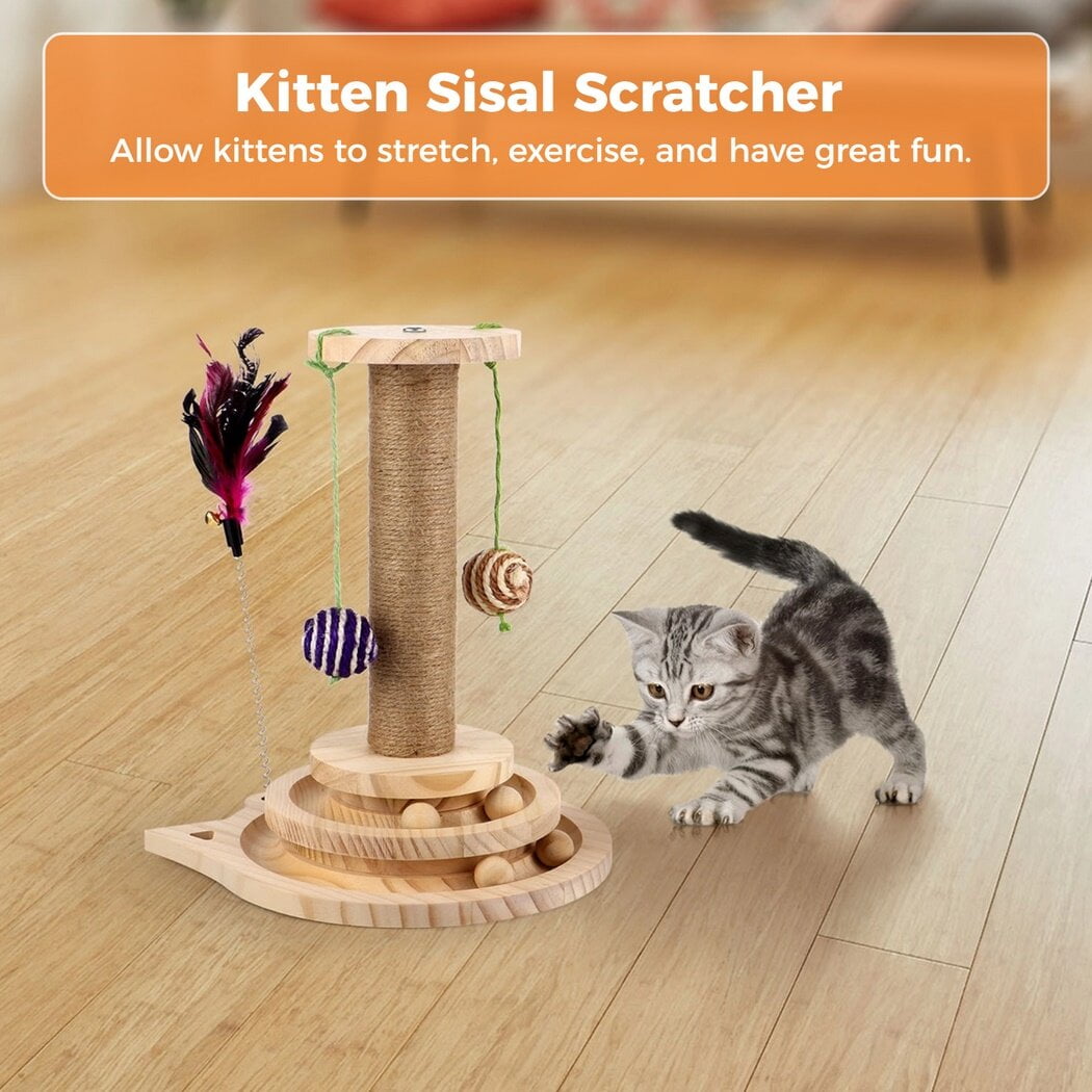 Sisal Scratcher Toy with Hanging Balls& 2-Tier Tracks, Wooden Cat Scratching Post, Interactive Cat Toy for Indoor Cats, Kittens