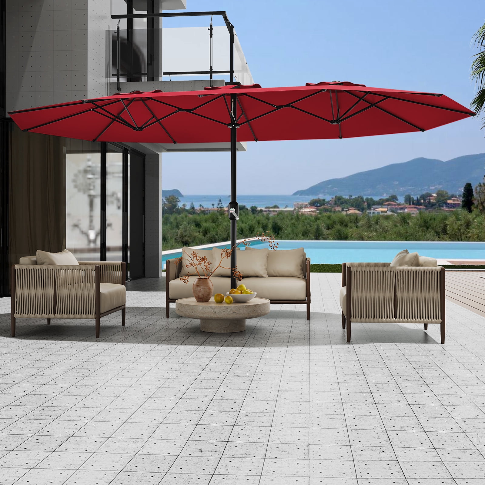 15ft Patio Umbrella with Base,Large Outdoor Double-Sided Rectangle Umbrella with Crank Handle, Market Umbrella for Poolside Garden Deck Backyard Beach Pools