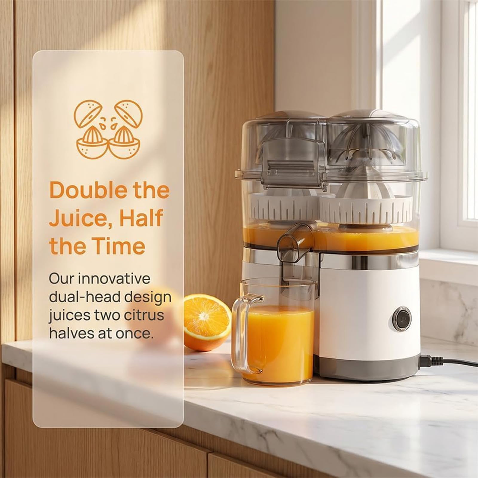 Dual-Head Automatic Citrus Juicer, 18000RPM Electric Lemon Squeezer, Electric Orange Juicer Machine with Built-in Cutter and Cleaning Brush, 1-Button Orange Lemon Lime Squeezer for Kitchen