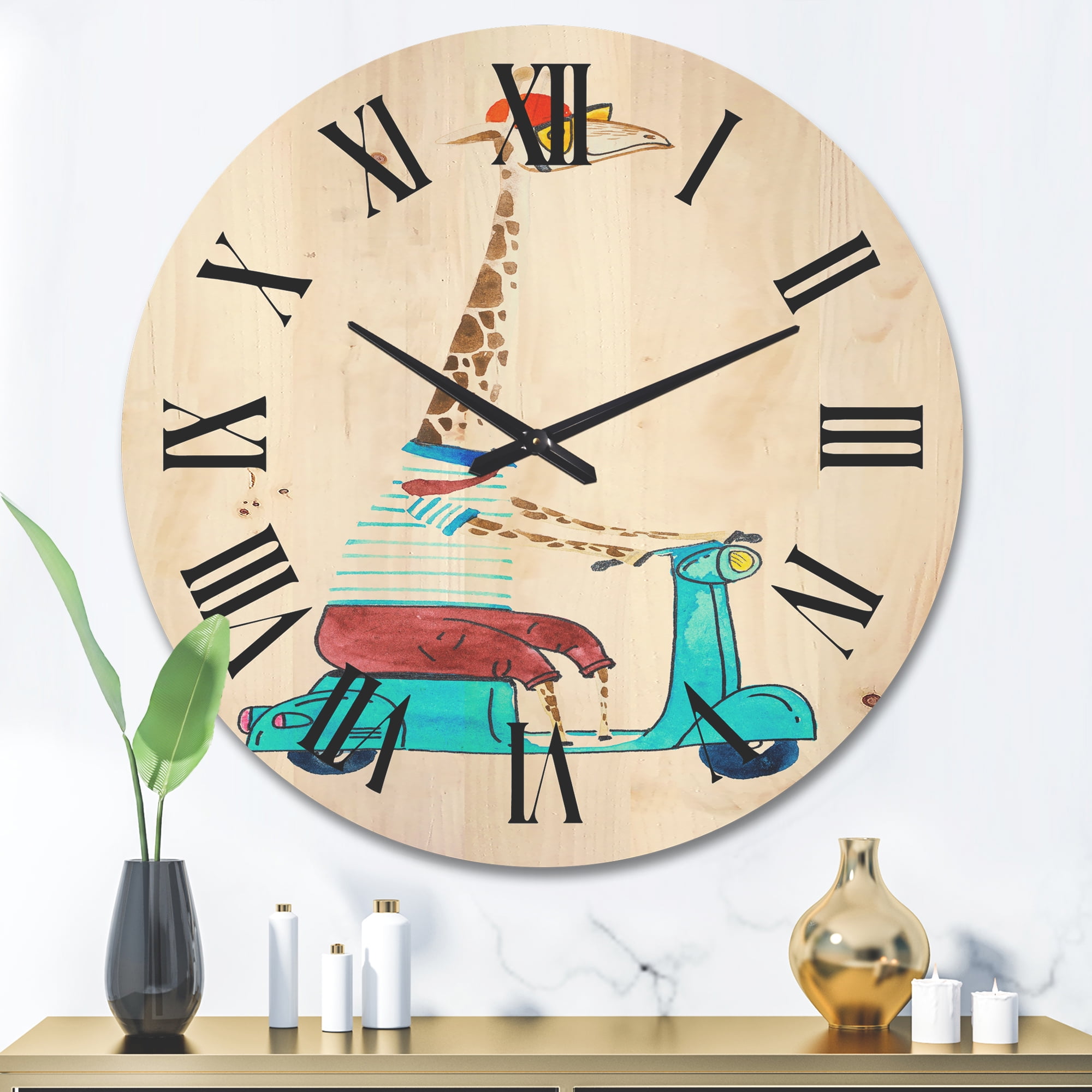 Designart 'Giraffe Dressed Up Wearing Helmet & Riding Blue Scooter' Children's Art Wood Wall Clock