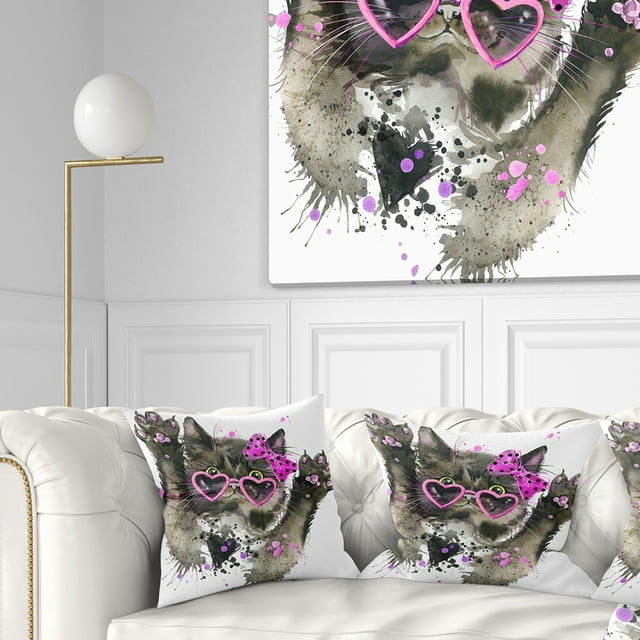 Designart Funny Black Cat Illustration - Animal Throw Pillow - 16x16