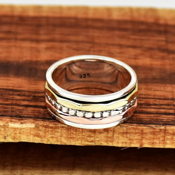 SS DESIGNS Spinner Ring, 925 Sterling Silver Ring, Narrow Band ring, Skinny Hammer Ring, Two Tone Spinner Ring Mediation ring Thumb Ring Anxiety Ring