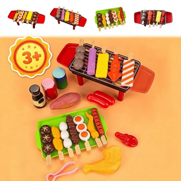 Kids Pretend Play Barbecue Grill Set, Mini BBQ Toy with Play Food Skewers & Side Trays, Realistic Cooking Role Play Toy for Toddlers Boys Girls Ages 3 Birthday Gifts