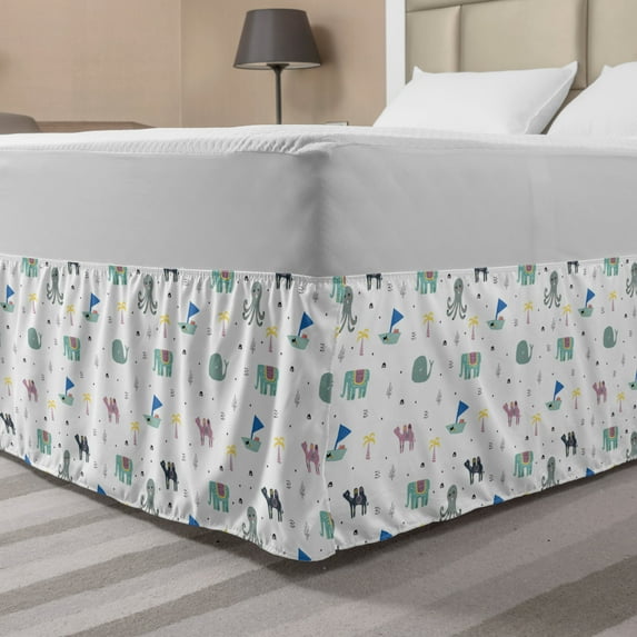 Tropical Bed Skirt, Exotic Animals Camel Whale Palm Trees Octopus Cartoon, Elastic Bedskirt Dust Ruffle Wrap Around for Bedding Decor, 4 Sizes, Multicolor, by Ambesonne