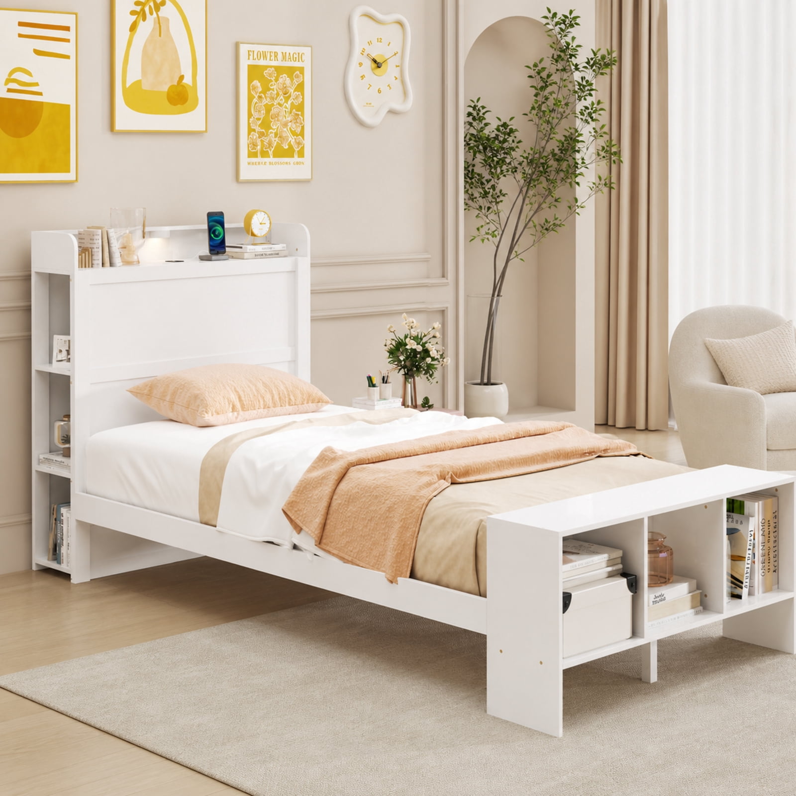 Furnibear Twin Size Bed Frame with Storage Headboard Footboard 2 USB Ports and 3 Color Adjustable LED Lights No Box Spring Needed, White