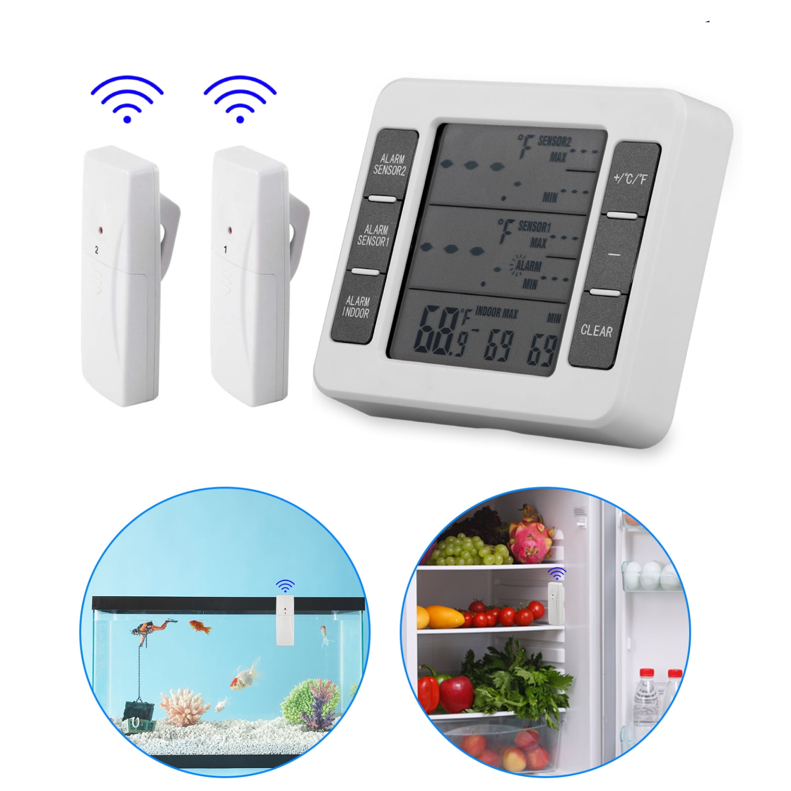 Wireless Digital Thermometer with 2PCS Sensors Temperature Monitor and Audible Alarm Restaurants leegoal Fridge Thermometer Battery not Included Min/Max Record for Home