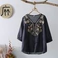 thumbnail image 4 of QIJUNTUO Short Sleeve Shirts for Somen Floral Embroidered Tops Cotton Linen Shirts Boho Ethnic Style Tee Women 3/4 Sleeve V Neck Button Tunic Tshirt Cotton, 4 of 5