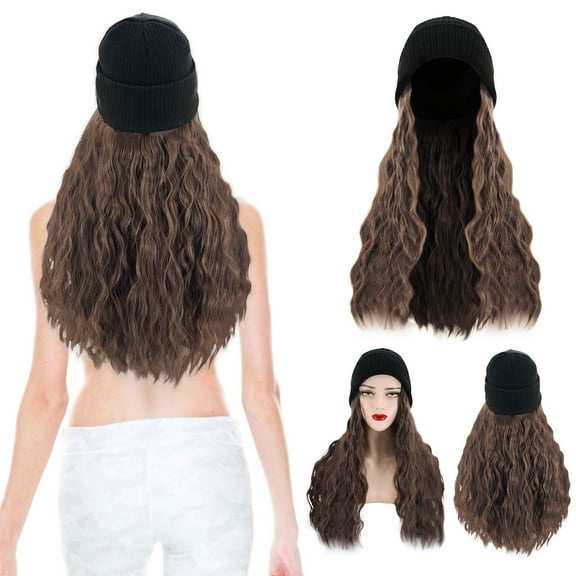 Leatfisat Hat Wig 27In Long Natural Wave Hair Extensions With Hat Heat Resistant Synthetic Adjustable Wig Black Cap Wigs For Women Girls