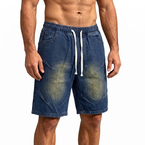HappyYEE Men’s Jean Shorts, Loose Vintage Washed Denim Shorts Elastic Waist Casual Summer Jean Bottoms with Pockets XL