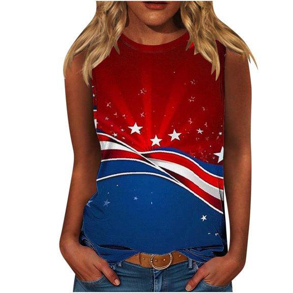 Women's American Flag Print Tank Top Summer Loose Fit Round Neck Sleeveless T-Shirt Patriotic Independence Day Tops Multicolor