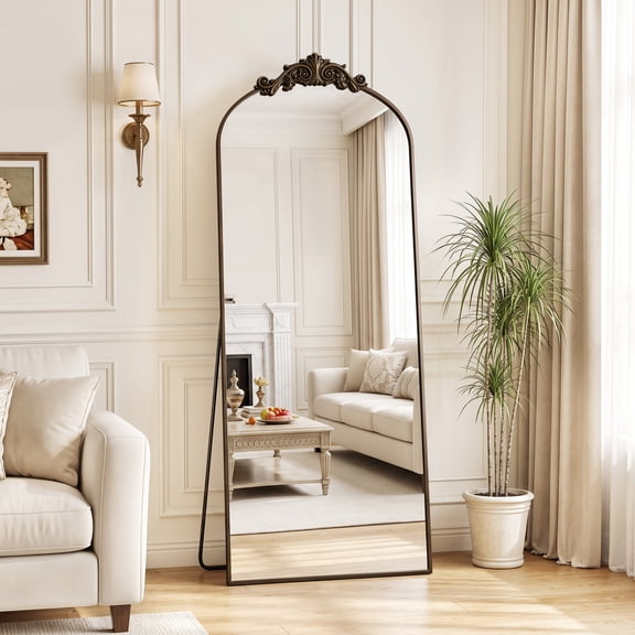 Antok 64"x21" Vintage Arched Full-Length Mirror with Carved Metal Frame, Baroque-Style, Bronze