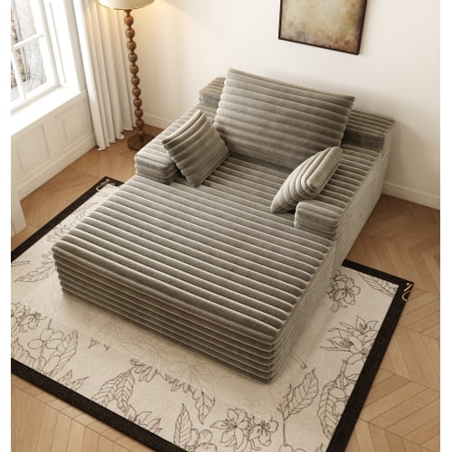 Oversized Chaise Lounge Chair Indoor, Plush Boneless Cloud Couch with Side Pockets & Cup Holders, Comfy Corduroy Sleeper Couch with Removable Pillows for Living Room,Camel