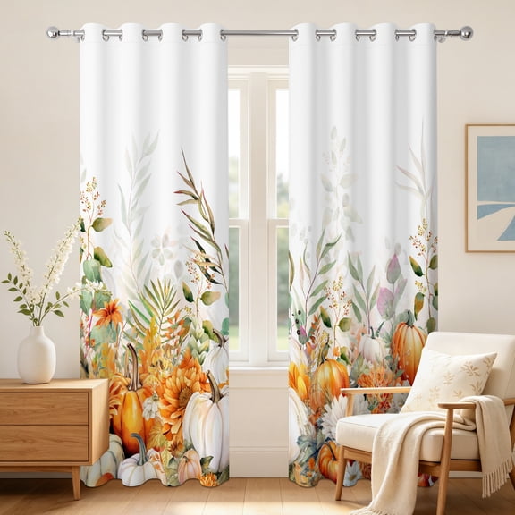 Pumpkin Floral Fall Blackout Curtains,2 Panels,Room Darkening Thermal Window Drapes,Grommet Top,42x63 Inch