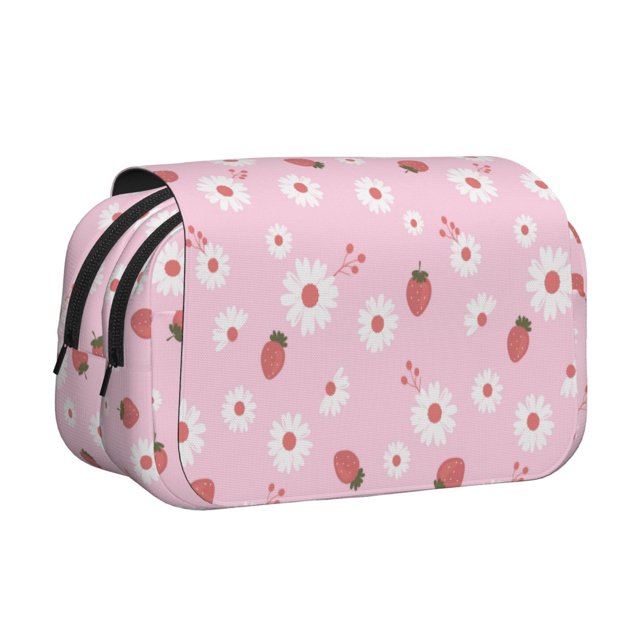 Disketp Hand Drawn Strawberry Estuche de Lápices de Doble Capa con Tapa Abatible y Cremallera, Organizador Escolar para Adolescentes y Adultos